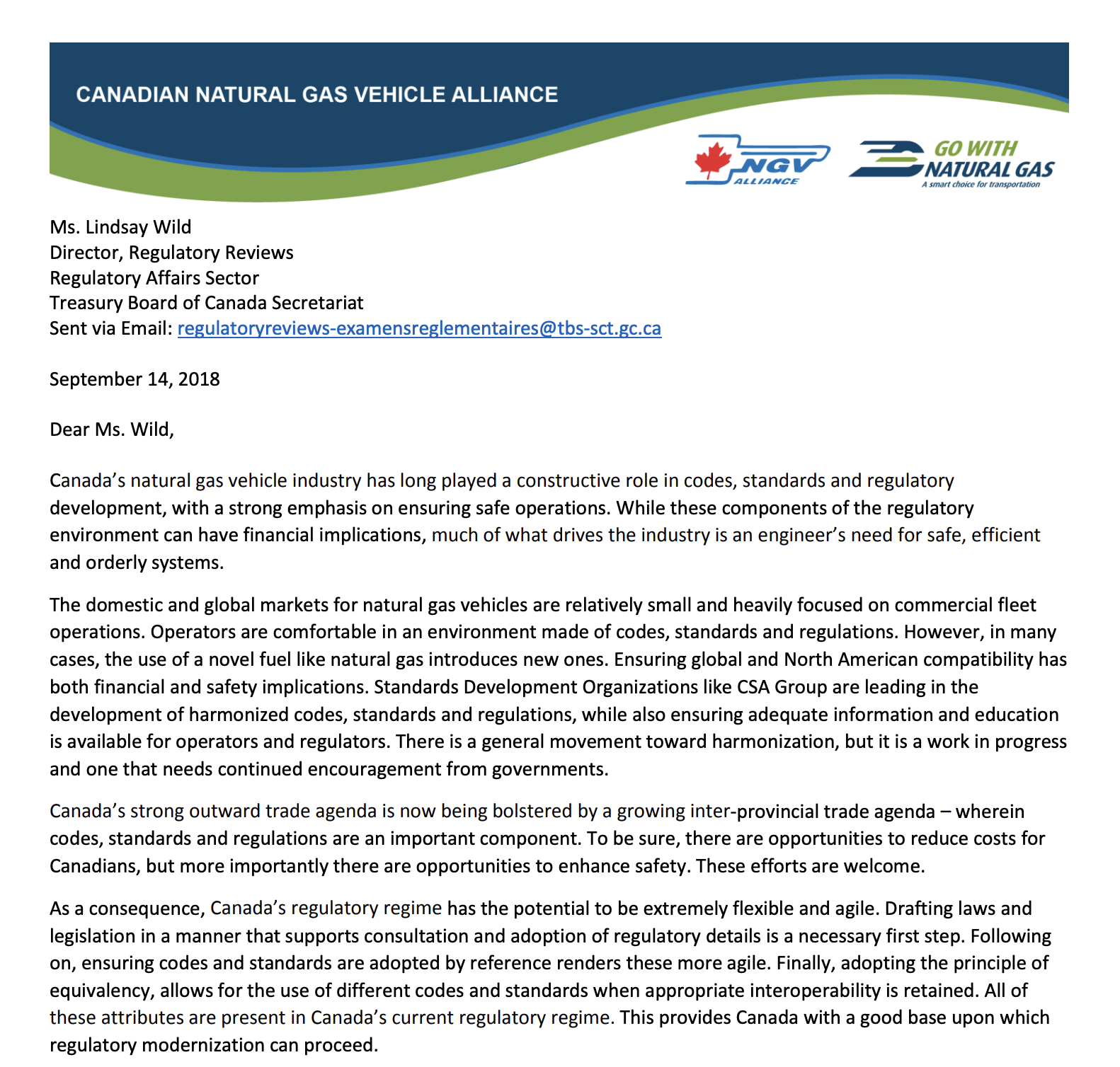 CNGVA submission to the Treasury Board of Canada Secretariat – Regulatory Modernization